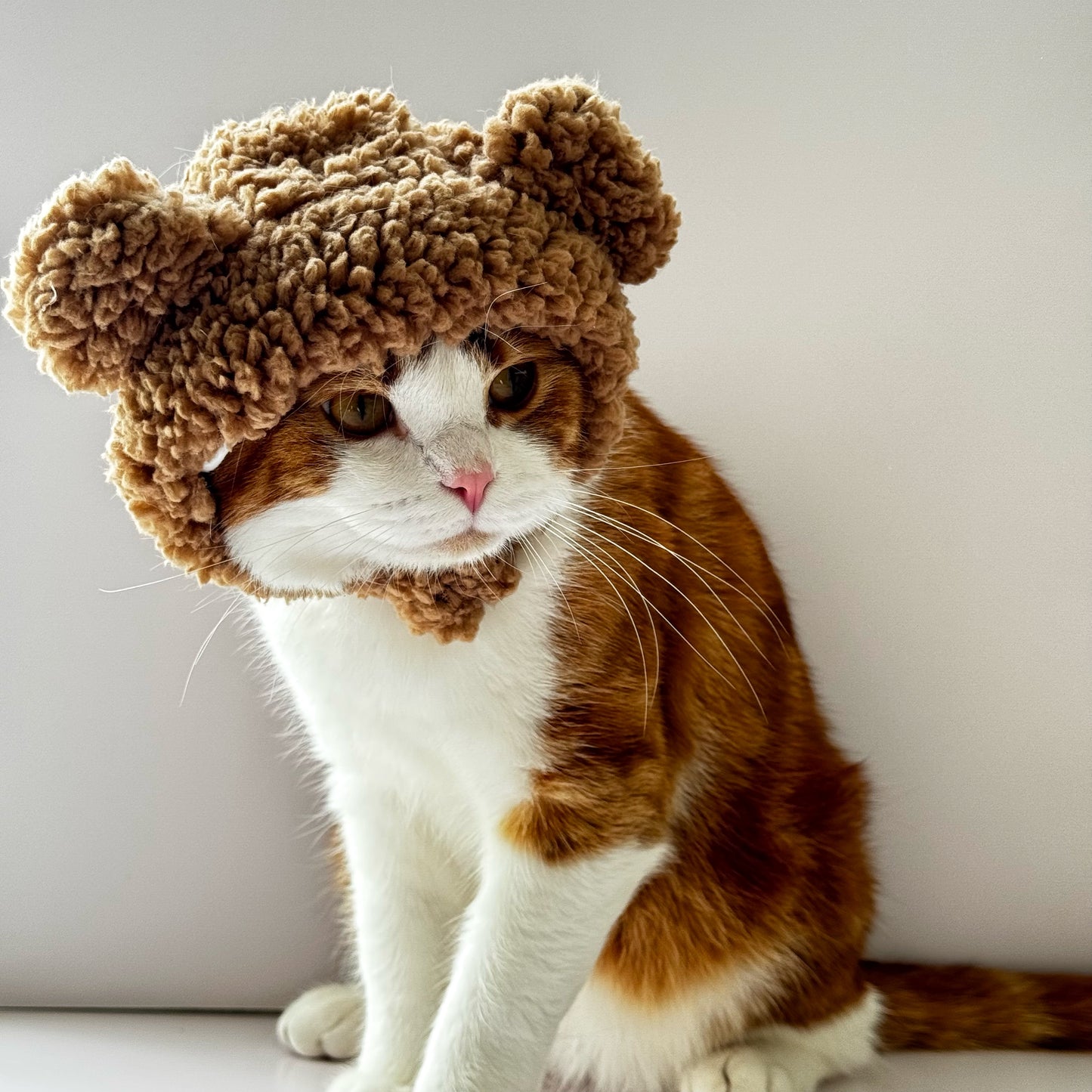 Fluffy Cat Knit Hat – Cozy Winter Cap for Cats (Brown, Pink & White) 🐱❄️