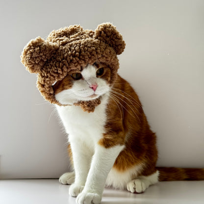 Fluffy Cat Knit Hat – Cozy Winter Cap for Cats (Brown, Pink & White) 🐱❄️