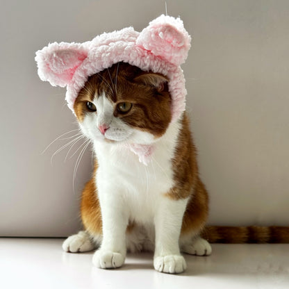 Fluffy Cat Knit Hat – Cozy Winter Cap for Cats (Brown, Pink & White) 🐱❄️