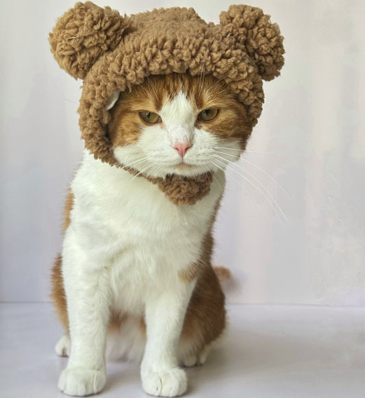 Fluffy Cat Knit Hat – Cozy Winter Cap for Cats (Brown, Pink & White) 🐱❄️